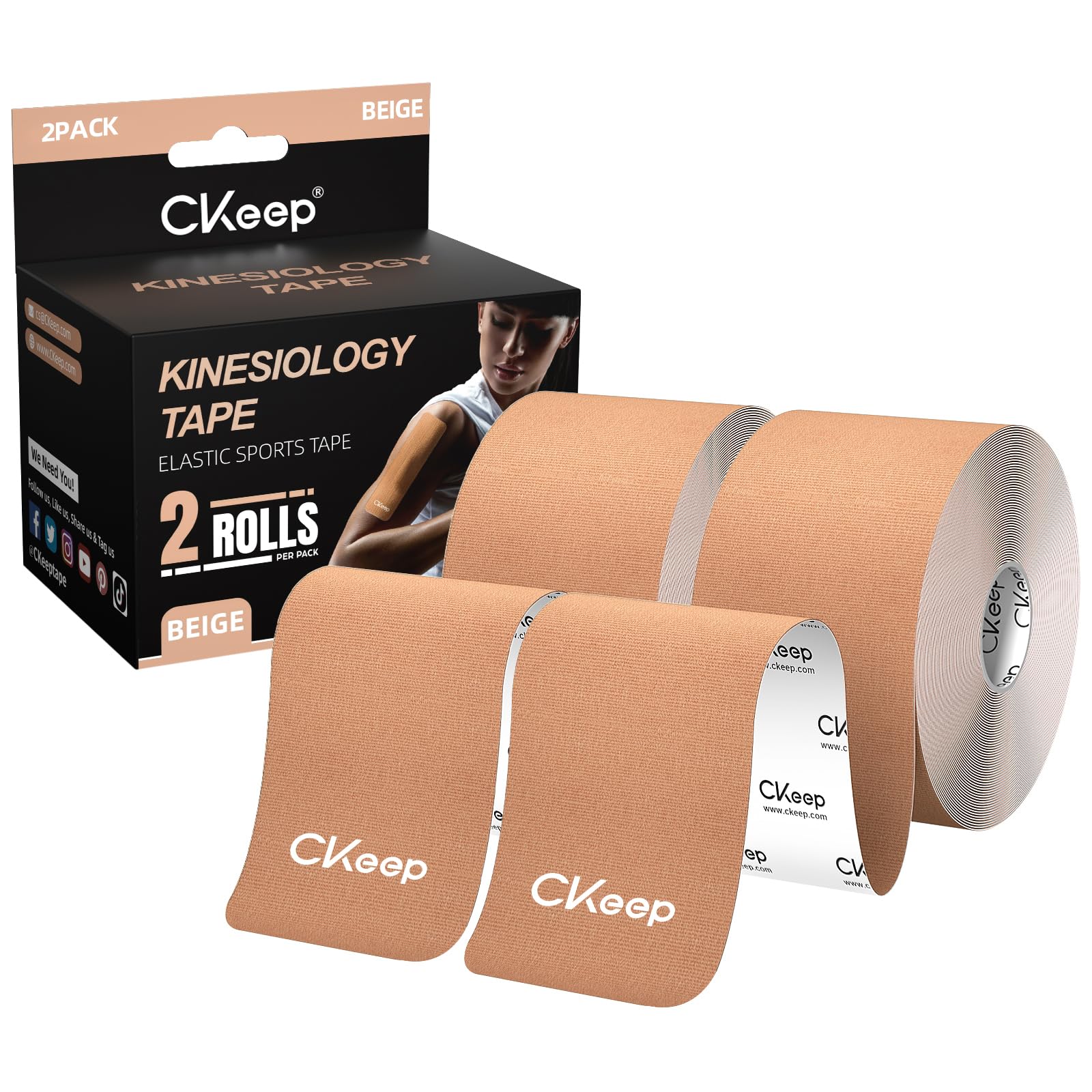 CKeep Kinesiology Tape, Uncut Premium Elastic Athletic Tape 2 Rolls, Beige | Ori