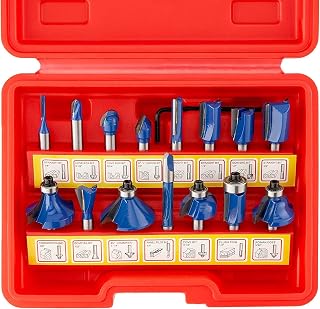 HILTEX Router Bit Set, 15 Pc 1/4 Inch Shank Carbide Router Bits for Wood | Tungsten Carbide Wood Router Bits for Edging, Trimming, Grooving & Joinery, Straight, Flush Trim, Roundover, Dovetail, Case