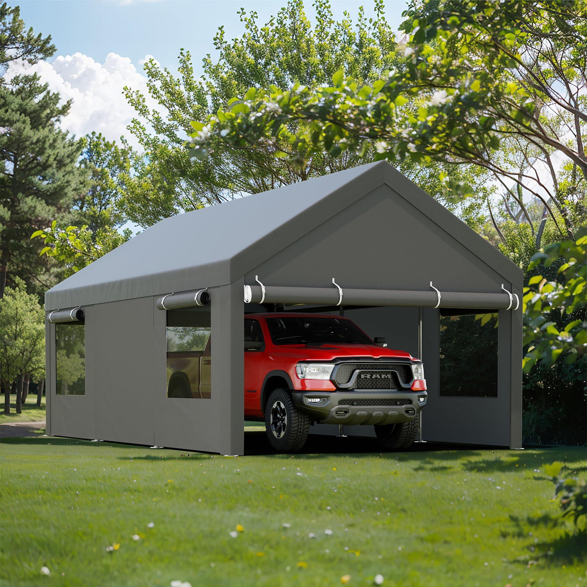 JY QAQA Carport, 12x20 FT Heavy Duty Carport with Roll-Up Window and Sandbags, P