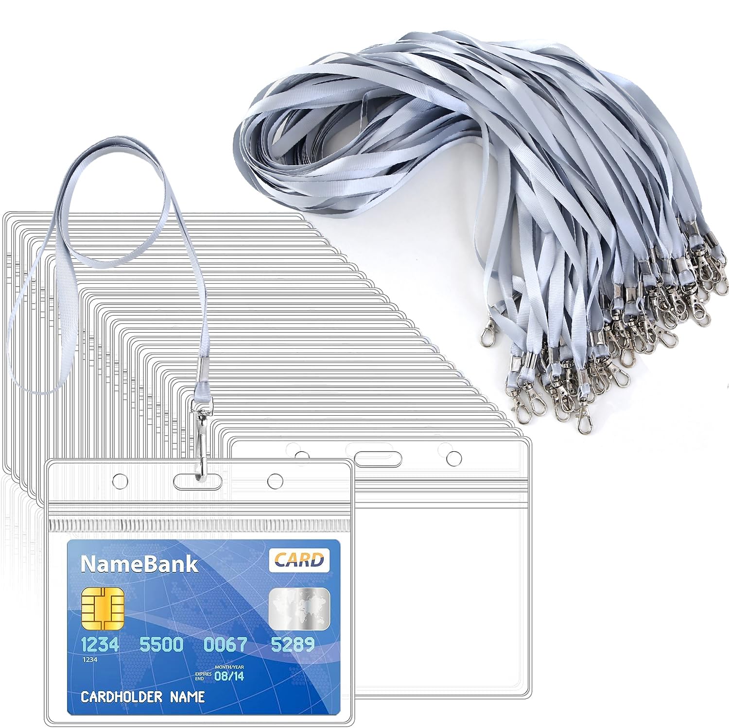 15pcs Silver Gray Lanyards for Neck with Clear Plastic ID Card Holders