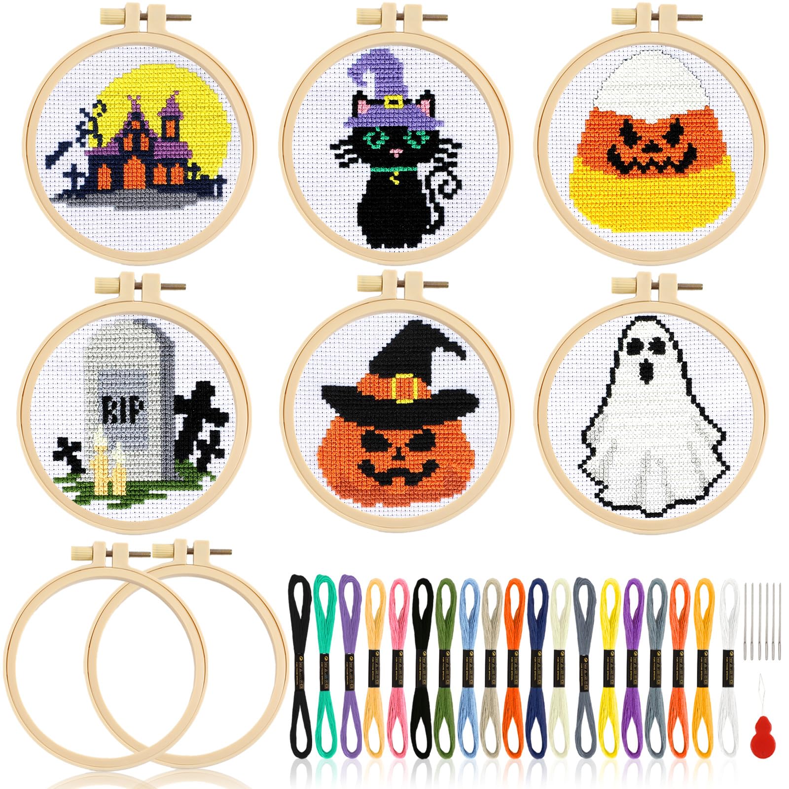 ZOIIWA 6Pcs Halloween Cross Kits for Beginners DIY Embroidery Set