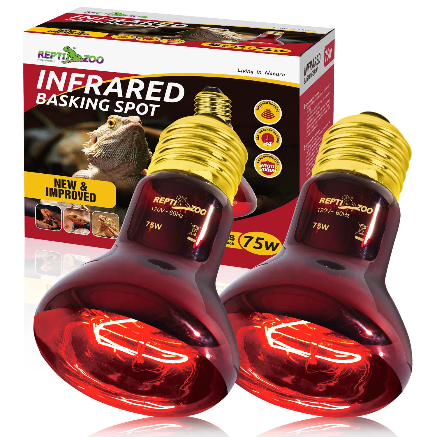 REPTI ZOO 75W Reptile Heat Lamp Bulb 2PCS Infrared Heat Emitter Red Heat Lamp fo