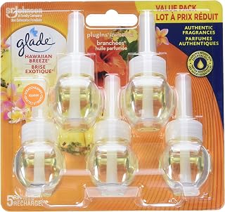 Glade PlugIns Scented Oil Air Freshener, Hawaiian Breeze, 5 Refills | Tropical Pineapple, Mango & Peach Scent, Up To 60 Days Per Refill, Plug In Air Freshener For Bathroom, Bedroom, Living Room