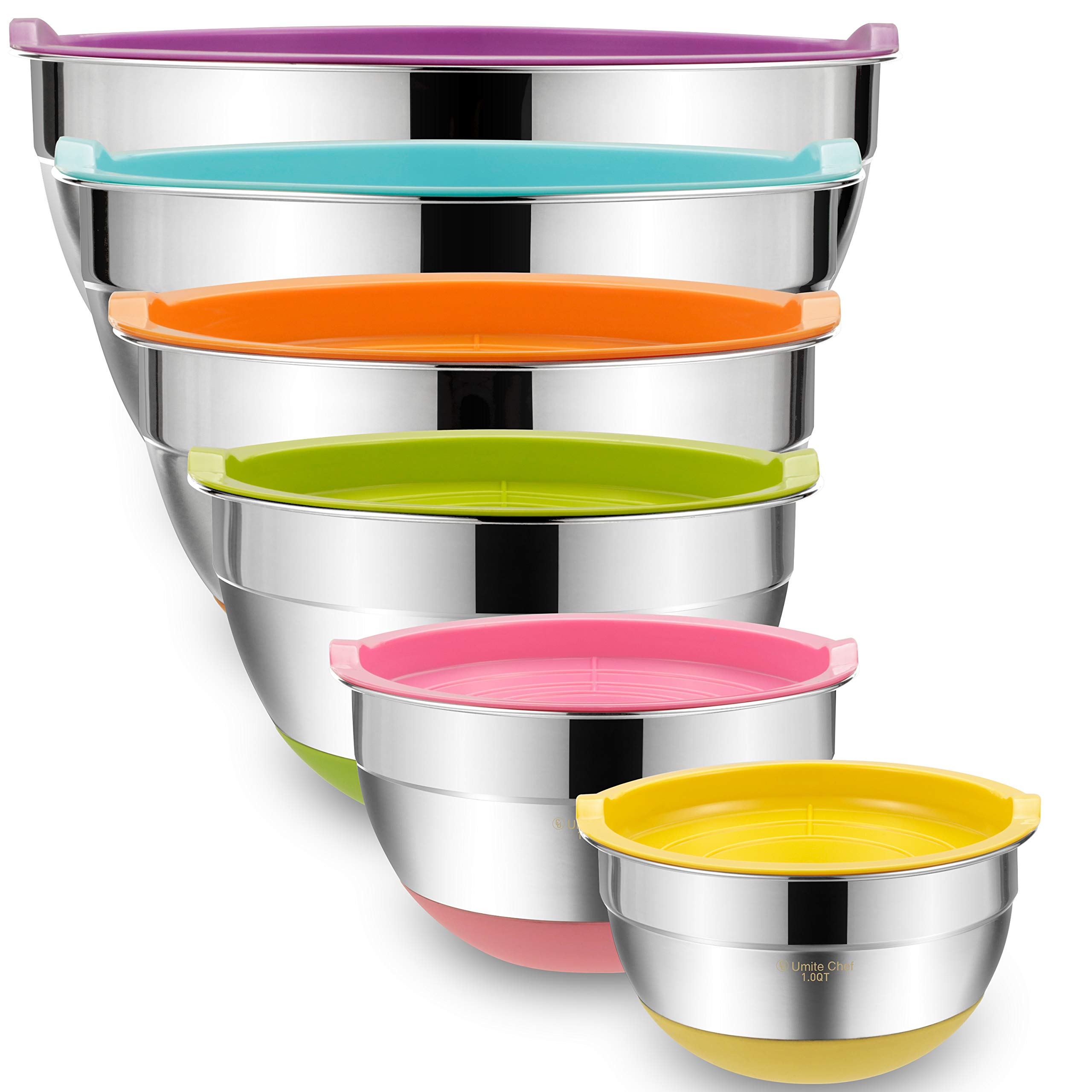 Umite Chef Mixing Bowls with Airtight Lids, 6 Piece Stainless Steel Metal Bowls,