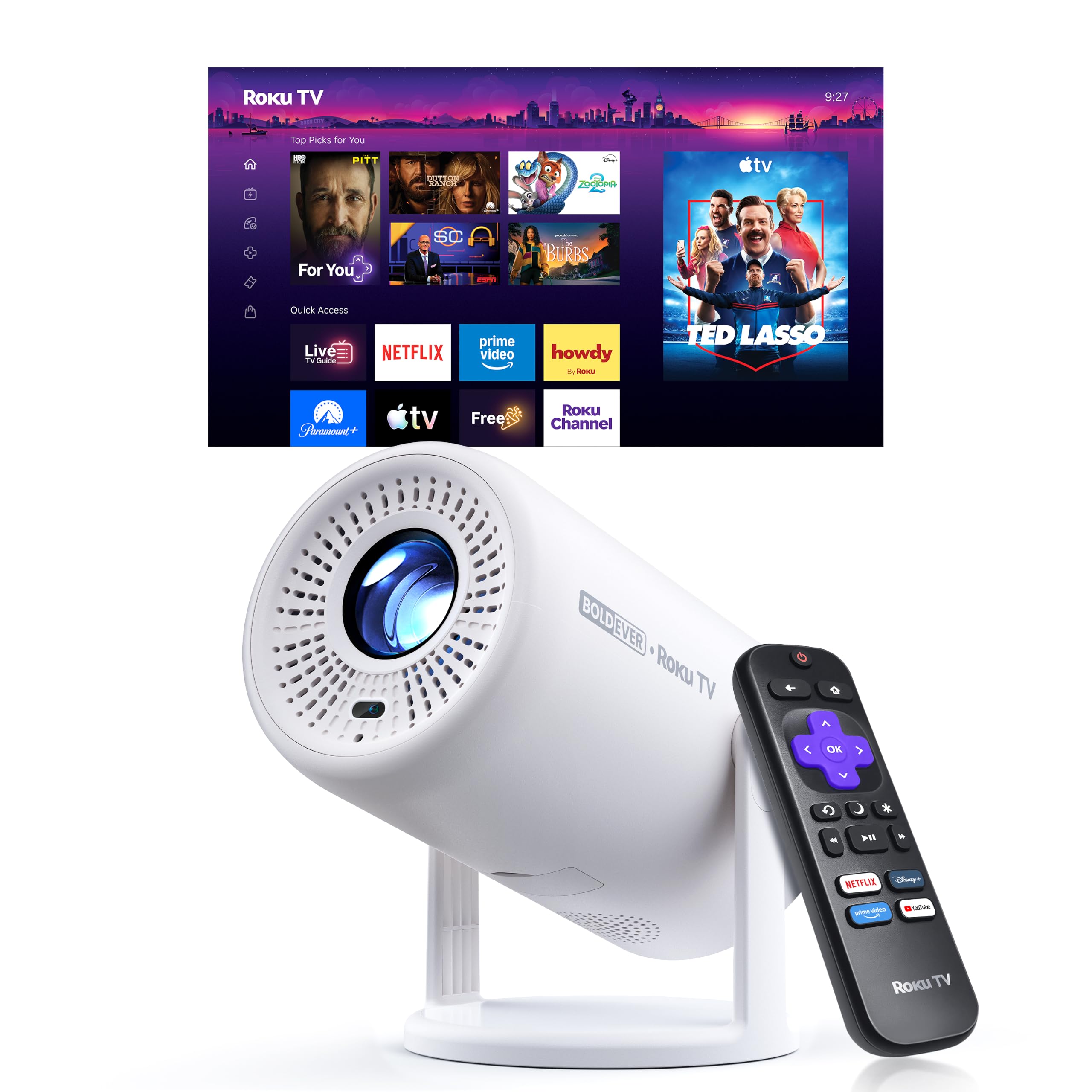 Boldever Roku TV 1080P FHD Mini Smart Projector with Wi-Fi and Bluetooth | Suppo