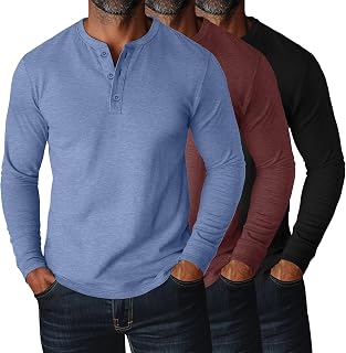 Ficerd 3 Pack Men Big and Tall Shirt Long Sleeve Henley T-Shirts