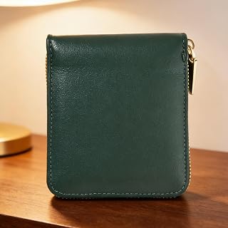 Men's Zipper Short Leather Wallet, Olive Green Leather Organizer (Green)