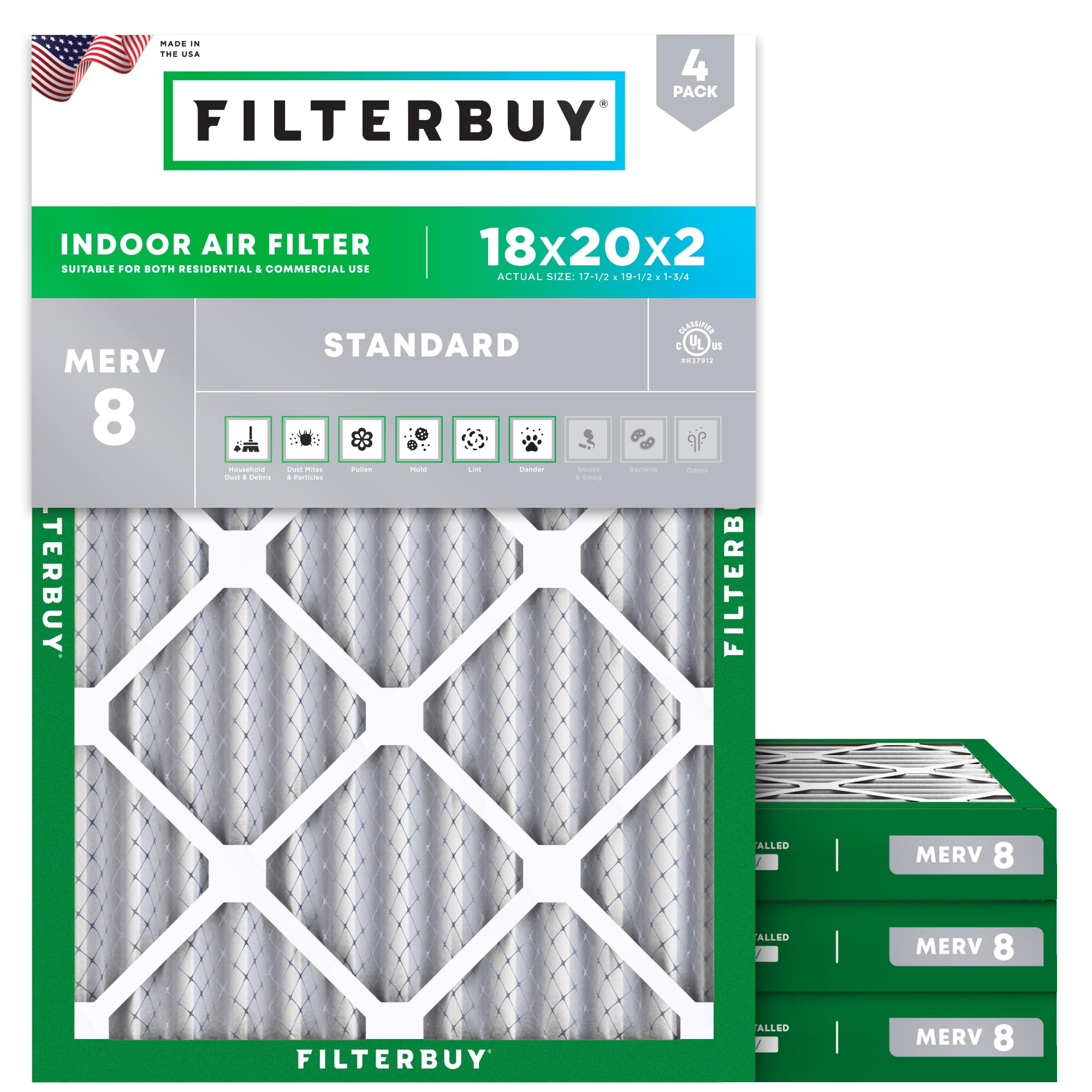 Filterbuy 18x20x2 Air Filter MERV 8 Essential Dust & Allergy Defense (4-Pack), E
