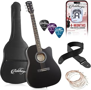 Ashthorpe 41-inch Beginner Cutaway Acoustic Guitar (Black), Full Size Basic Starter Kit w/Gig Bag, Strings, Strap, Picks, and Lessons
