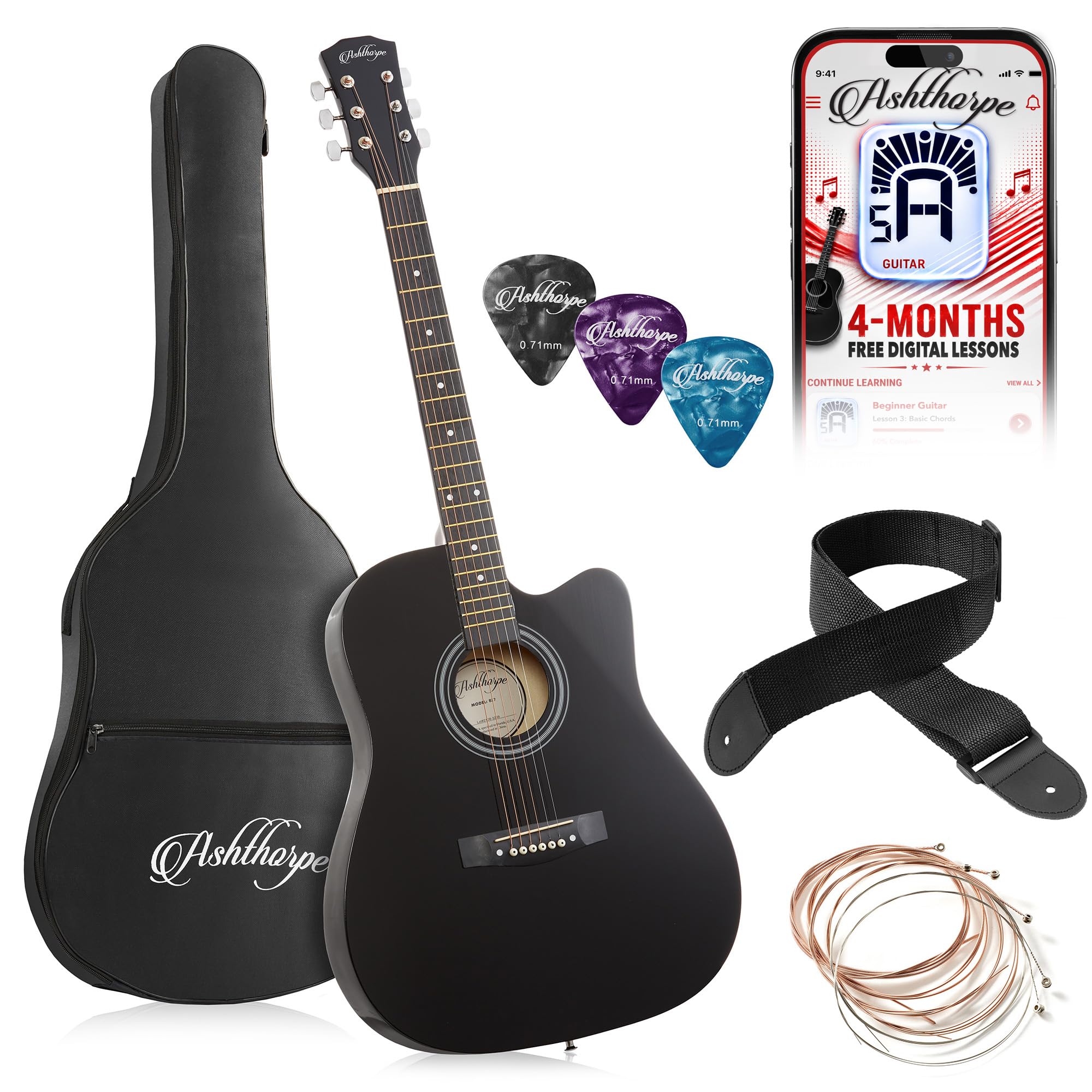 Ashthorpe 41-inch Beginner Cutaway Acoustic Guitar (Black), Full Size Basic Star