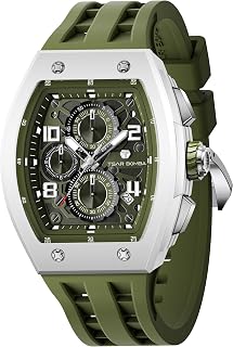 TSAR BOMBA Tonneau Men's Watch Luxury Square Wrist Watch Men Japanese Sapphire Crystal Quartz Movement Silicone Strap 50M Waterproof Chronograph Gift for Men
