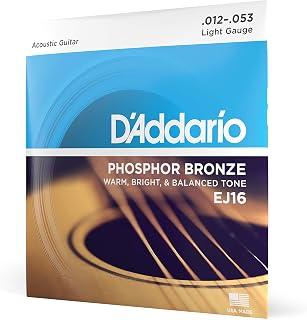 D'Addario EJ16 Acoustic Guitar Strings Phosphorous Bronze Light 12-53 | Phosphor bronze acoustic guitar strings offer warm, shiny, reliable intonation, durability and comfort.