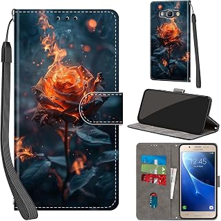 Custodia a portafoglio per Samsung Galaxy J5 2016, in pelle PU, con scomparti per schede, cavalletto, chiusura magnetica, bordi rialzati, fiamma (rosso/arancione)
