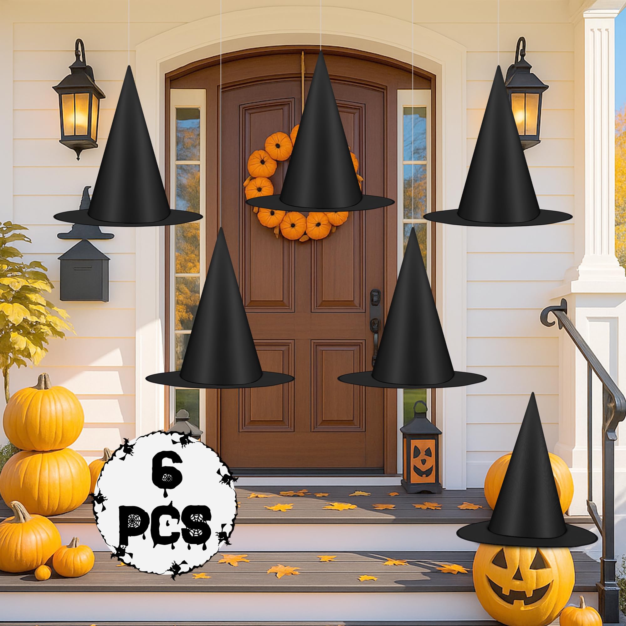 6Pcs Halloween Witch Hats Decorations, Black Hanging Witch Hats for Halloween Po