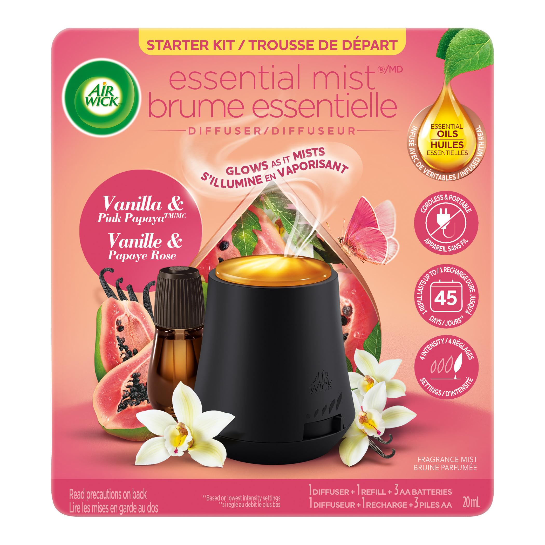 Airwick Essential Mist Kit, Vanilla & Pink Papaya, Long Lasting Fragrance(20 mL)