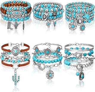 Sasylvia 6 Pcs Turquoise Bracelet for Women Leather Bracelet Western Jewelry for Women Multilayer Boho Cuff Bangle Set