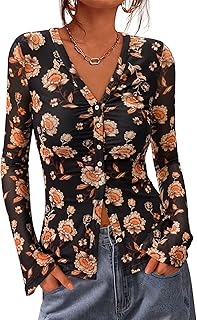 BTFBM Button Down Shirts for Women 2025 Casual V Neck Long Sleeve Autumn Top Lightweight Pleated Slim Fit Floral Top