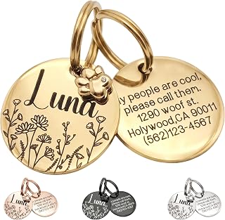 Girl Personalized Dog Tag Double-Sided | Cat id tag | Lifetime Durable Stainless Steel | Custom Engraved Name Dog Tags for Collars & Leashes | Many Fonts & Design (Golden Round)
