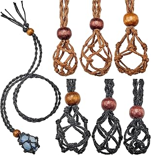 Hicarer 6 Pcs Necklace Holder for Crystal Stones Empty Cage,Black,Brown | Empty Cage Pendant for Crystal Jewelry, Braided Rope with Wooden Beads, Fits Tumbled Stones, Netted Design for DIY Making
