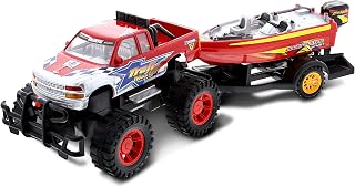 Mozlly Set of Friction-Powered Monster Truck with Boat Trailer Toy for Kids | hauling pull back toy trucks with trailer and boat, big monster truck and trailer toys for boys and girls, 9 inches,