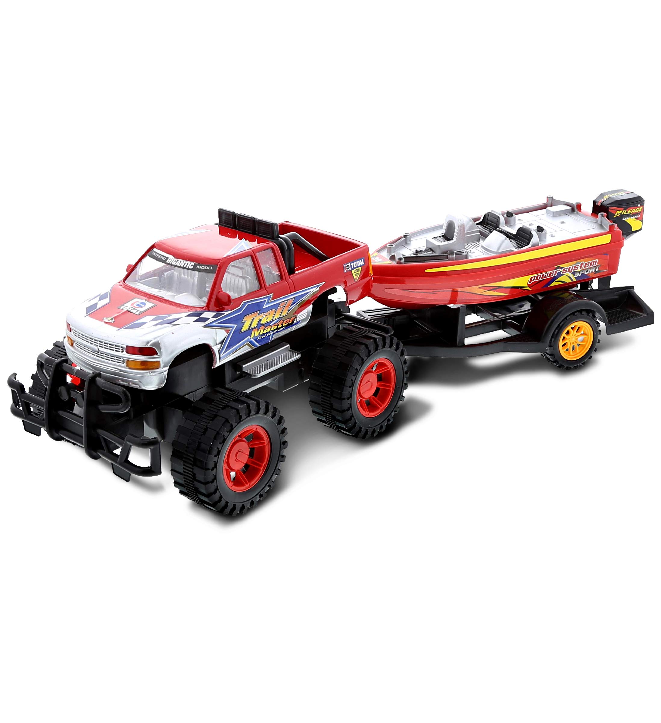 Mozlly Set of Friction-Powered Monster Truck with Boat Trailer Toy for Kids | ha