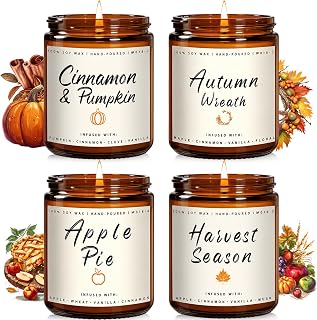Fall Candle Set | 4-Pack Scented Soy Candles for Home - Autumn Candle Set, Gifts with Pumpkin, Apple Pie, Harvest, and Autumn Wreath Scents