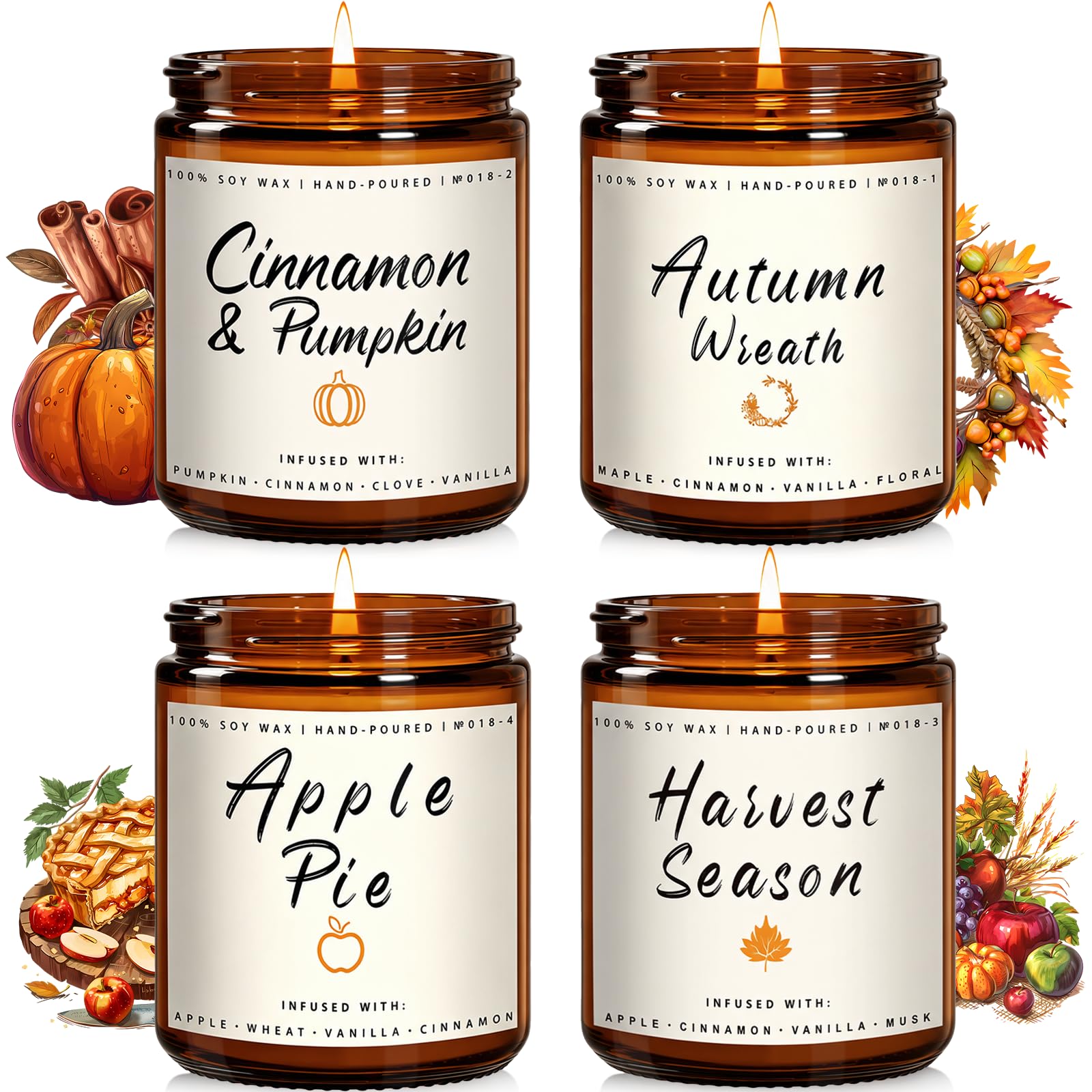 Fall Candle Set | 4-Pack Scented Soy Candles for Home - Autumn Candle Set, Gifts
