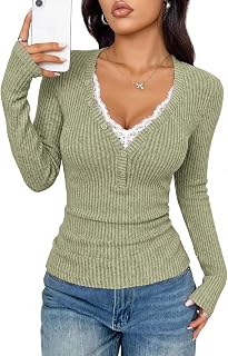 PRETTYGARDEN Camicie a maniche lunghe Henley in maglia a costine con bordo