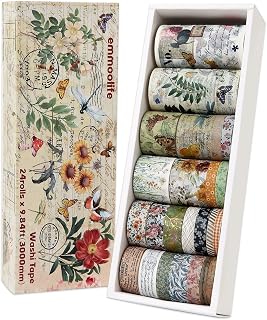 24 Rolls Vintage Washi Tape Set, Floral Letter Butterfly Mushroom Botanical Flower Writable Decorative Tapes for Scrapbooking , Junk Journal supplies, Bullet Journaling 5-75mm Wide 9.84ft long/Roll