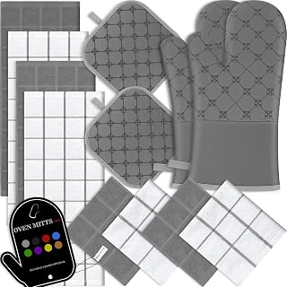 Oven Mitts Kitchen Towels Dishcloths with Pot Holders Sets 12PCS, Dish Towels Sets, Oven Gloves Pot Pads Heat Resistant 500 Degrees with Non-Slip Silicone Surface for Cooking Baking Grilling-Grey
