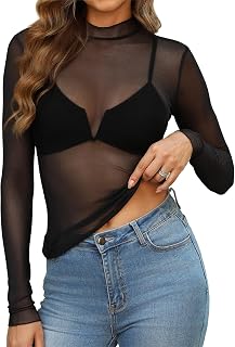OFEEFAN Womens Long Sleeve Mesh Top See Through Mock Neck Sheer Blouses