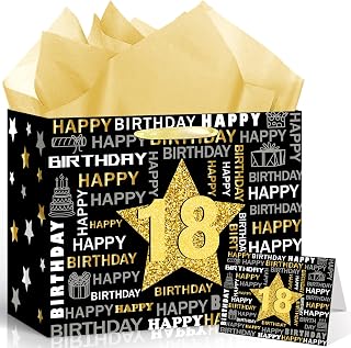 Black Gold 18th Birthday Gift Bag Large Vintage Happy 18th Birthday Gift Bag with Wrapping Paper and Greeting Card for Boys Girls Teens 18th Eighteen Years Old Bday Decorations Party Supplies