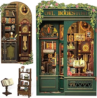 Owl Bookstore Book Nook Kit - 3D Wooden Puzzles with LED | DIY Miniature House for Adults Teens, Beginner Friendly to Build, British Bookshelf Decor Creative Gifts for Book Lovers