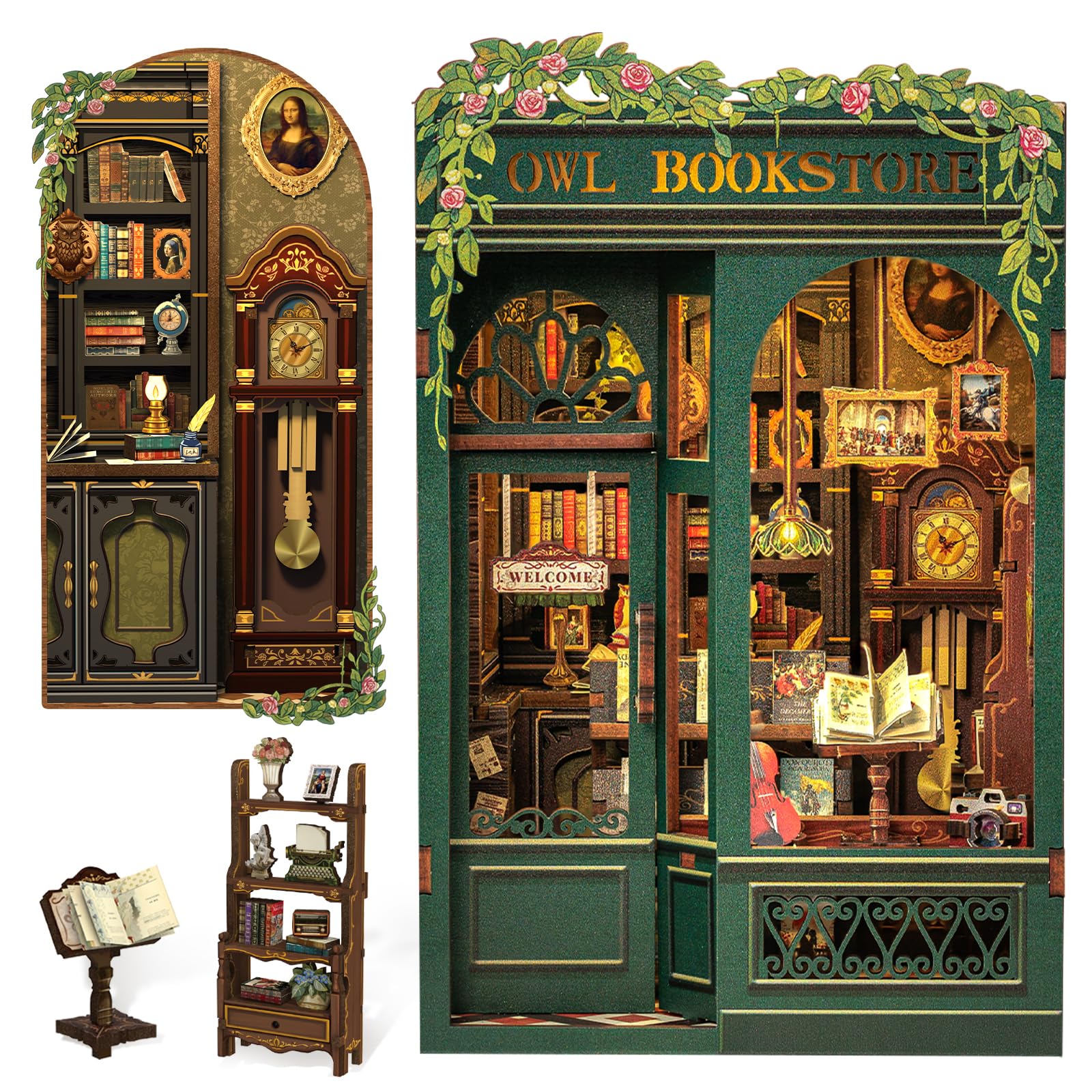 Owl Bookstore Book Nook Kit - 3D Wooden Puzzles with LED | DIY Miniature House f