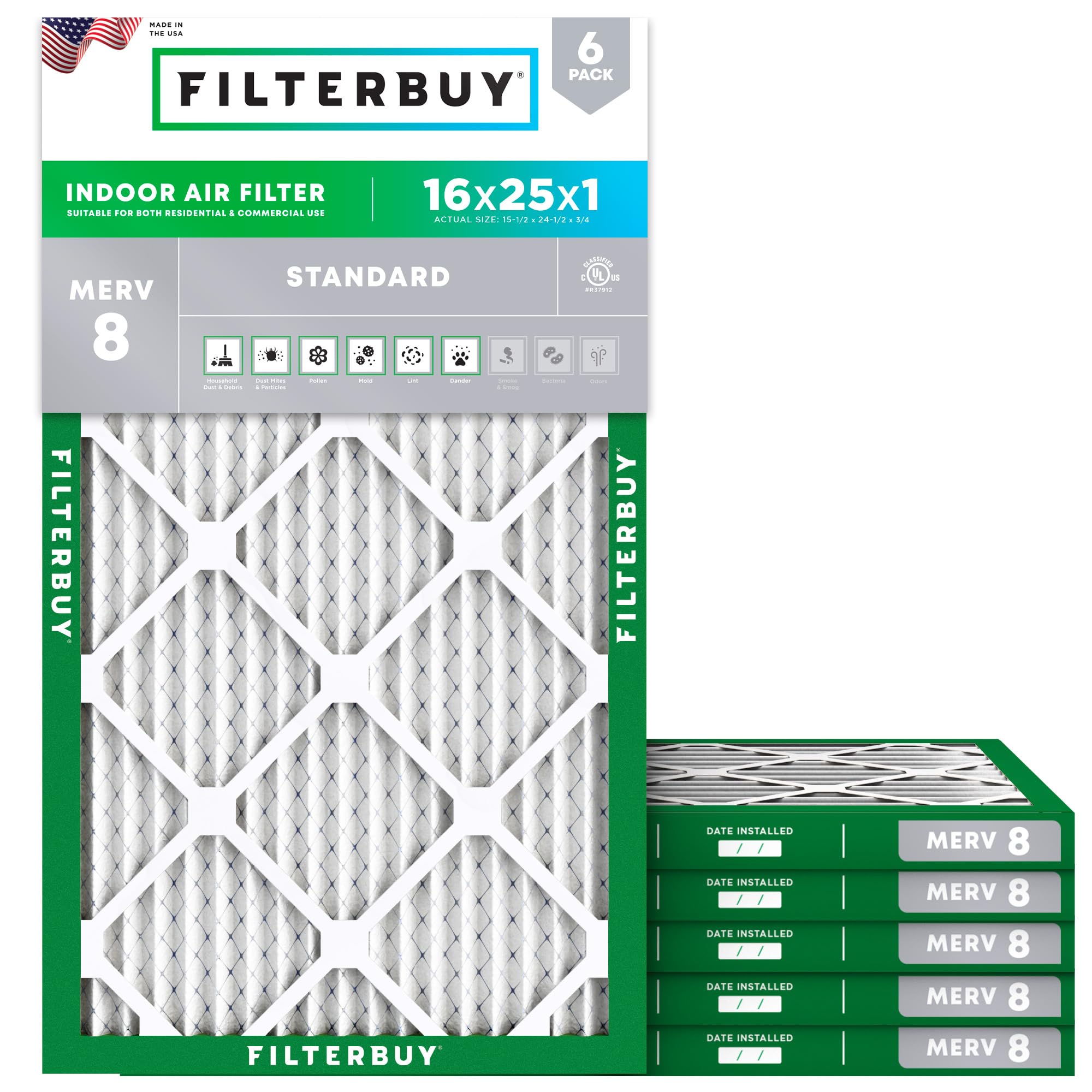 Filterbuy 16x25x1 Air Filter MERV 8 Dust & Allergy Defense (6-Pack) | Electrosta
