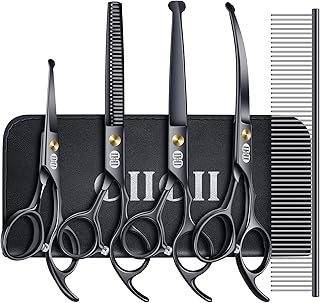 CIICII Dog Grooming Scissors Kit, 7 Inch Safety Pet Cat Shears Set (Black)