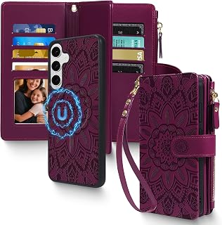 Harryshell 2 in 1 for Samsung Galaxy S25 Wallet Case Magnetic Compatible with Magsafe RFID Blocking Card Holder Detachable Phone Cover Zipper Purse Kickstand Wrist Strap for Men Women Floral Burgundy