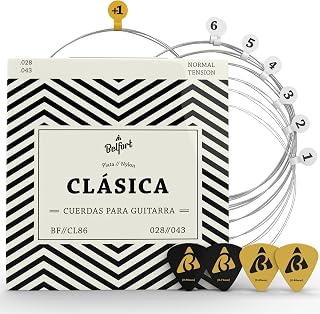 BELFORT Classical and Spanish Guitar Strings, Nylon, Set of 6 + 4 Plectrums | Warm sound for classical, spanish and flamenco guitar. Includes 4 picks and free eBook to start playing