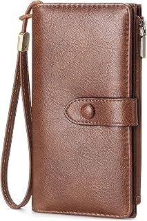 GOIACII Womens Wallets Large Capacity Credit Card Holder RFID Blocking Leather Wallet Wristlet Ladies Clutch Purse Brown