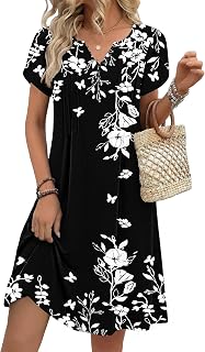 Zeagoo Women's Casual Dresses with Pockets Summer Floral V-Neck A-Line Tshirt Dress Short Sleeve Mini Dress Beach Sundress