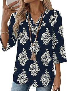 Rapbin Camicette da donna a pieghe con maniche a 3/4, scollo a V, stampa floreale, casual, vestibilità larga