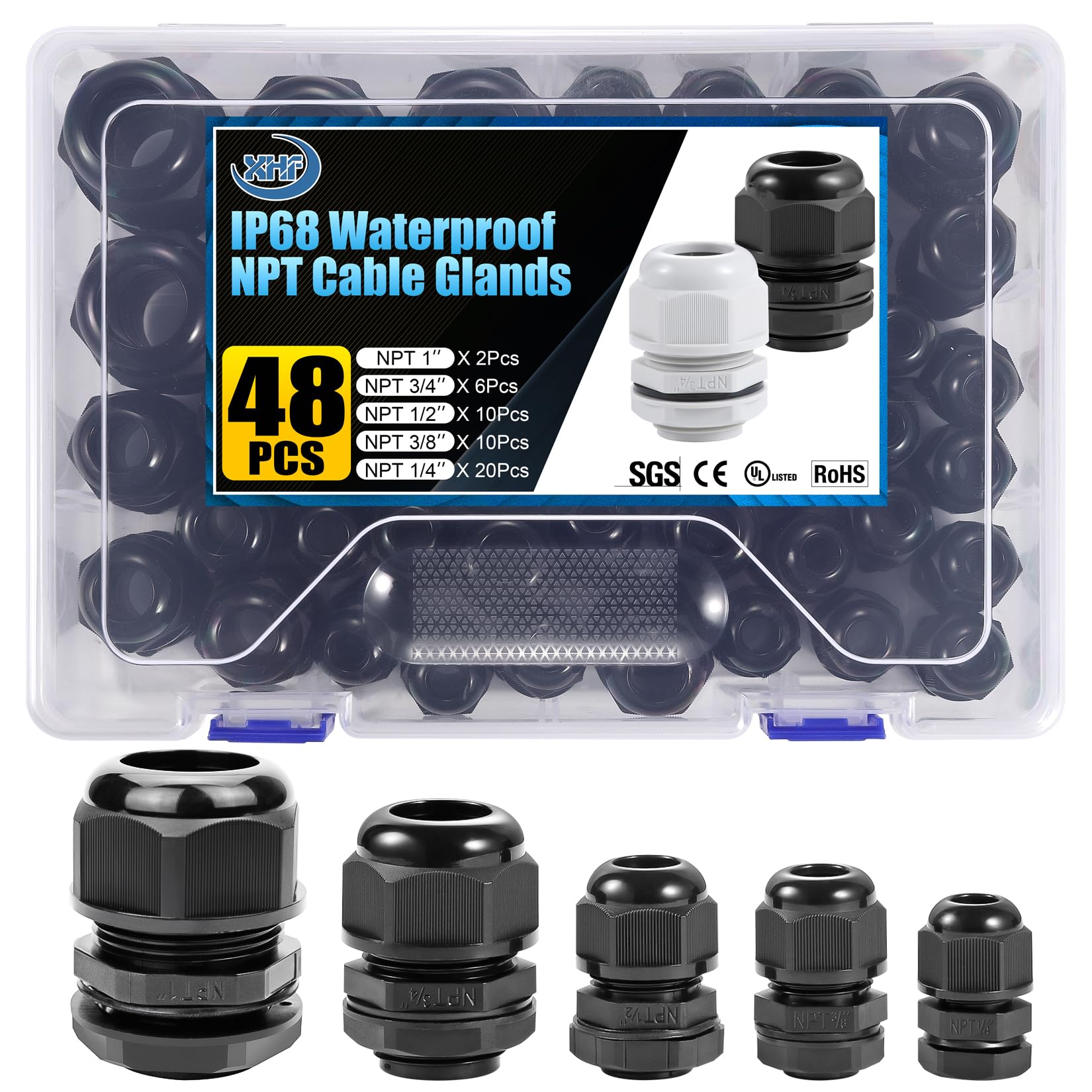 XHF IP68 Nylon Waterproof NPT Cable Glands Assortment 48pcs 1/4", 3/8'', 1/2'', 