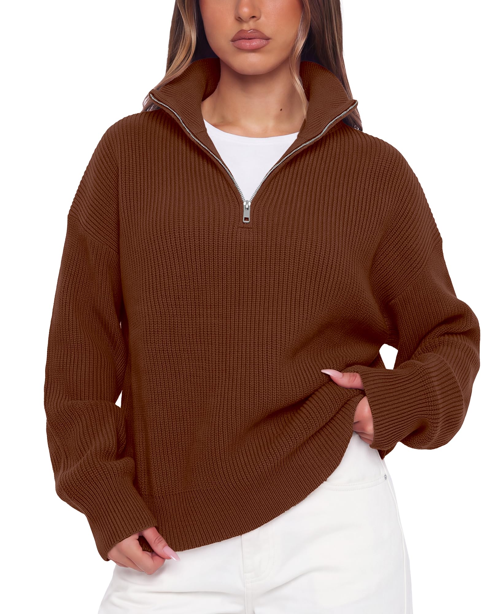 SUUKSESS Women Cashmere Blend Oversized Quarter Zip Pullover Sweater