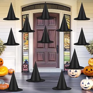 12 PCS Halloween Witch Hats, Black Hanging Witch Hats Porch Yard Decor | Witch Costume Accessories Witches Hat with 328 FT Nylon Cord Wizard Hats Indoor Outdoor Halloween Decorations