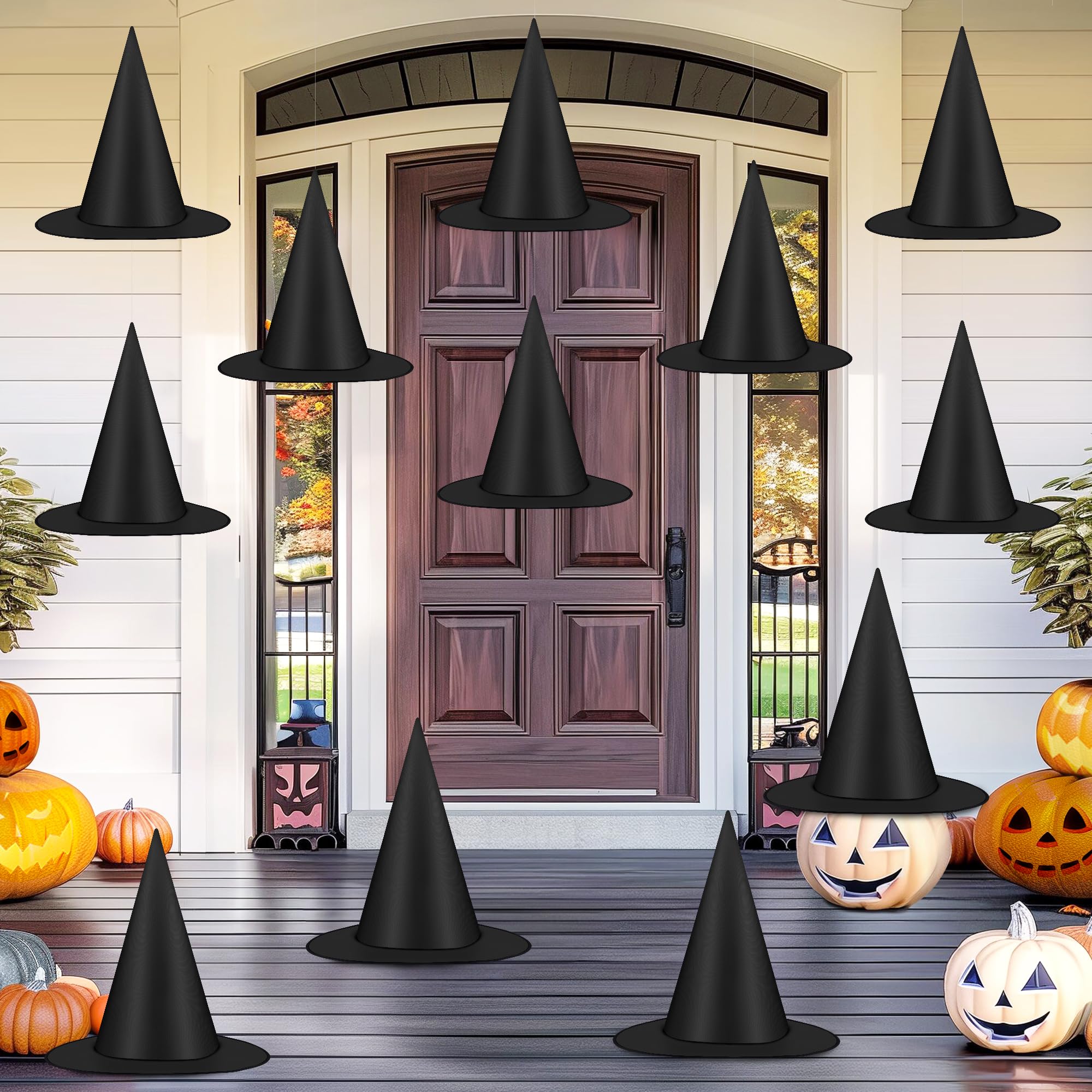12 PCS Halloween Witch Hats, Black Hanging Witch Hats Porch Yard Decor | Witch C