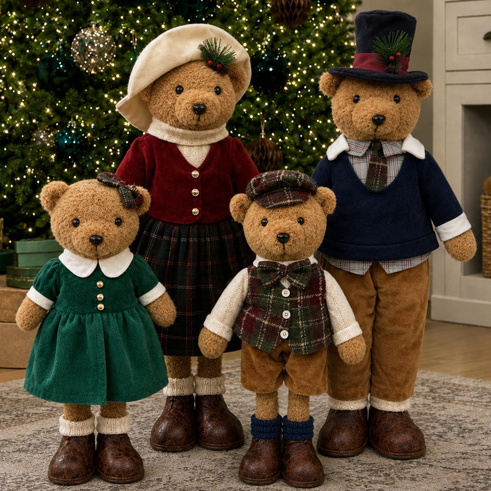 Christmas Decorations - Plush Bear Family Set of 4 - Indoor Home Decor | Classic