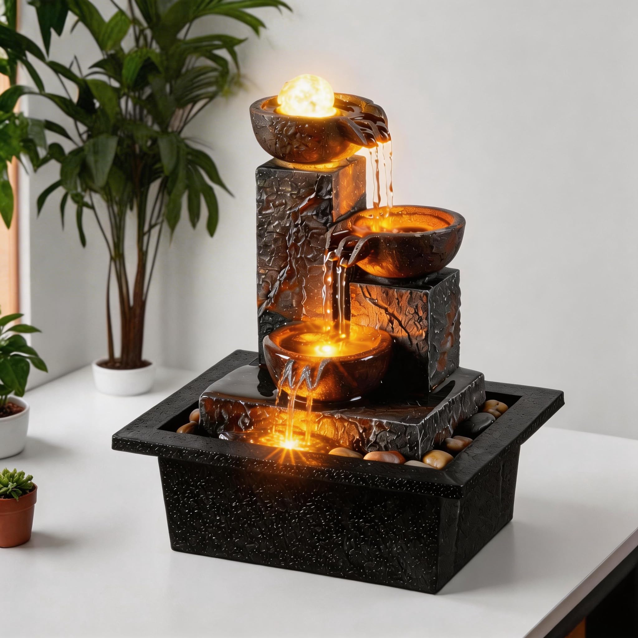 Tolevoit Three Bowls with Rotating Ball Flowing Tabletop Fountain Home Décor Ind