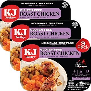 KJ Poultry Kosher for Passover Gluten Free Meals, Roast Chicken with Potato & Carrots, Halal, (3 Pack) Prepared Entree Fully Cooked, Shelf Stable Microwave Dinner, Travel Military Camping