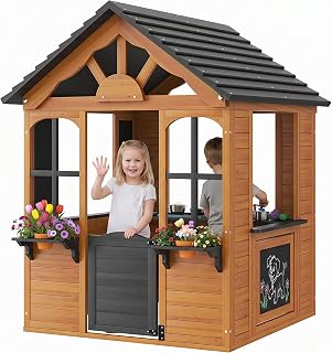 Aoxun Kids Outdoor Playhouse Wood Play House for Kids Ages 3-8 withPet Door | Backyard Cottage Playhouse with Play Kitchen,Snack Bar,Blackboards,Flowerpots,Children Toddler Playground Playset for Garden