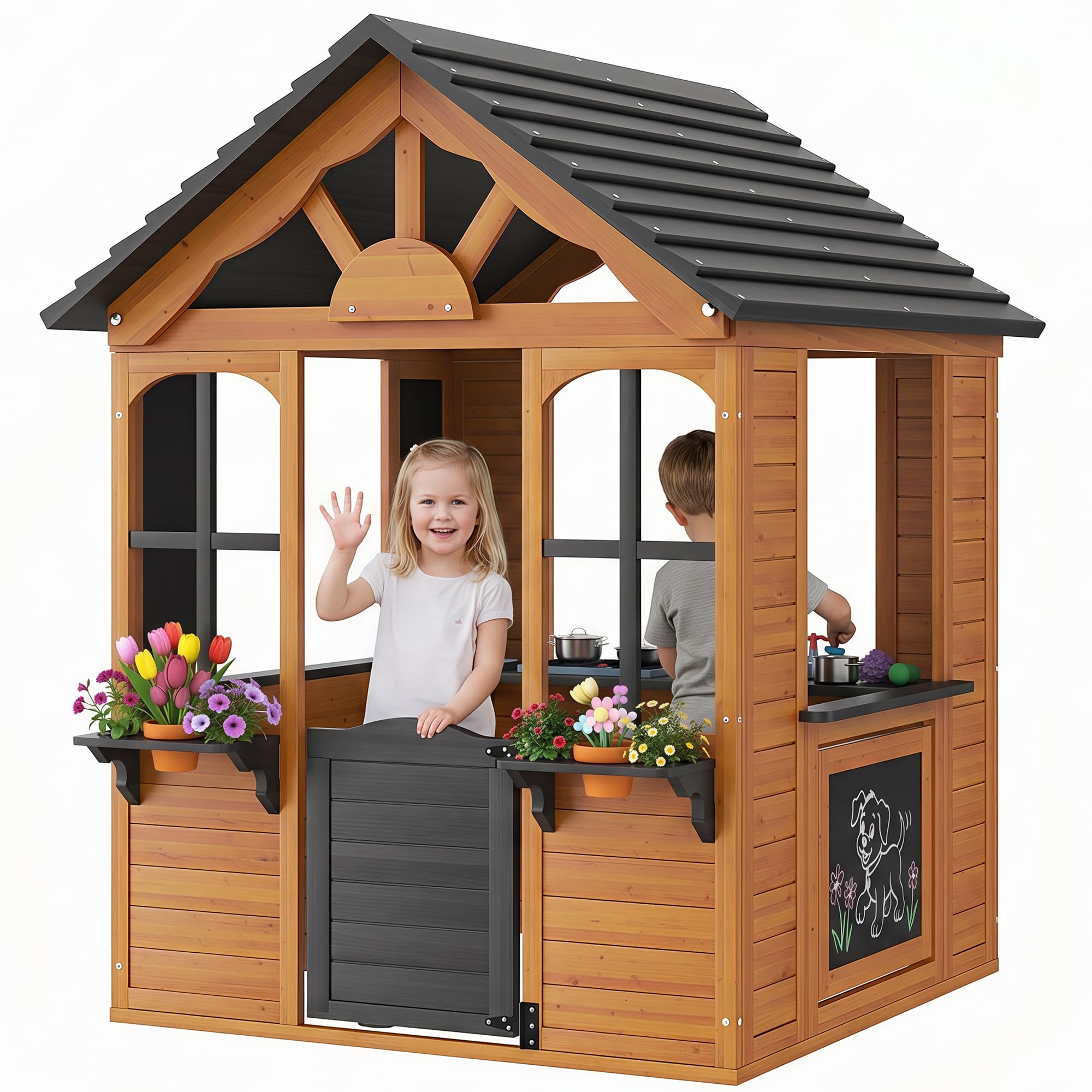 Aoxun Kids Outdoor Playhouse Wood Play House for Kids Ages 3-8 withPet Door | Ba